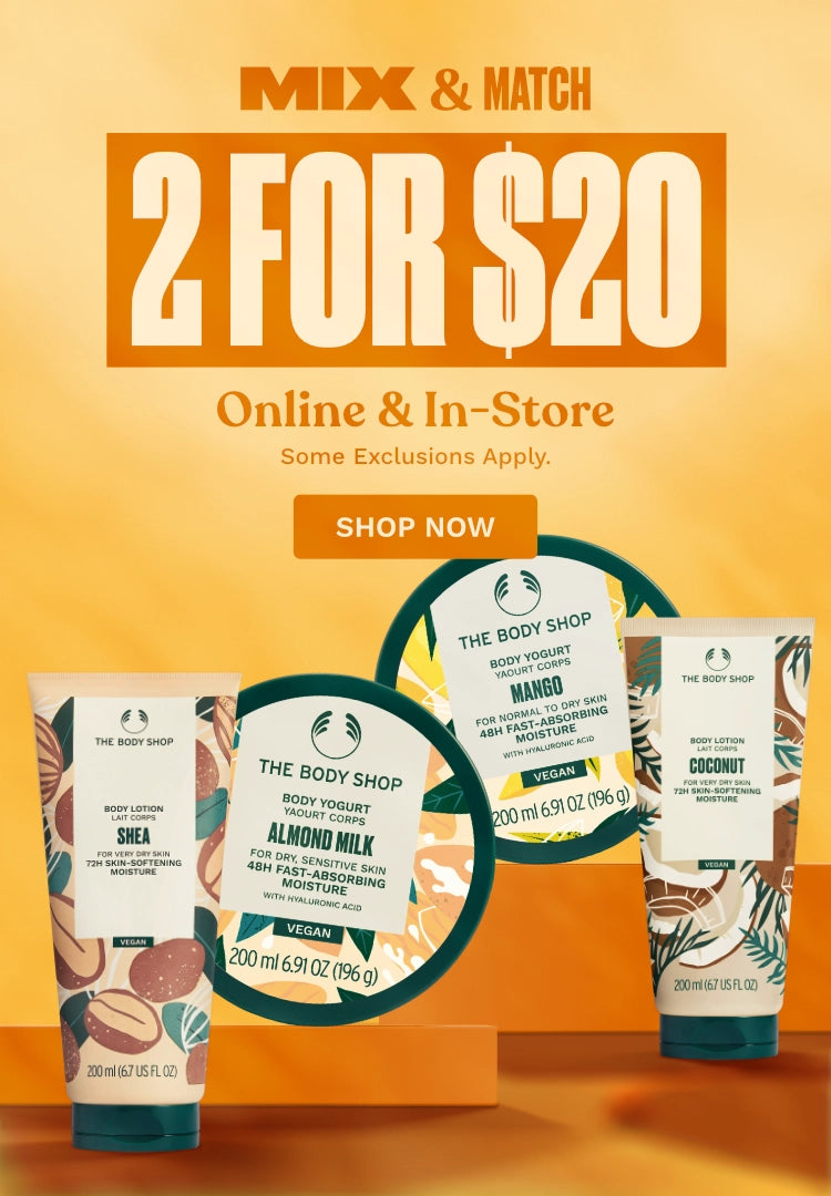 Promotional advertisement for The Body Shop products with a 'Mix & Match 2 for $20' offer on an orange background.