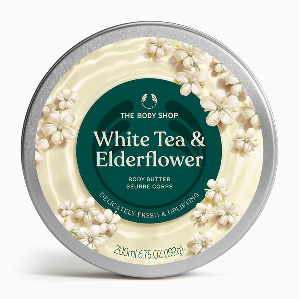 The Body Shop White Tea & Elderflower body butter container on a white background