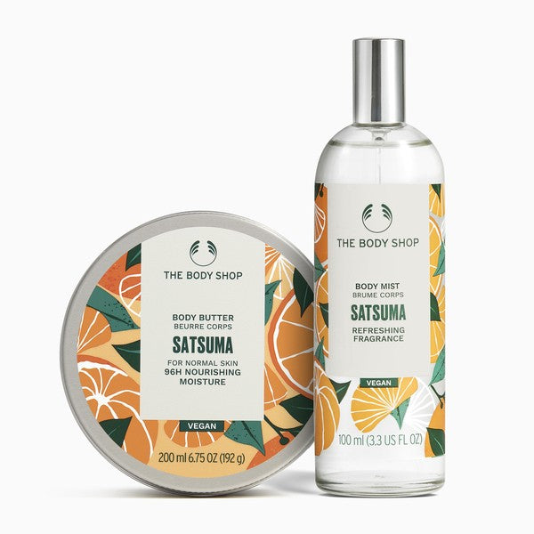 The Body Shop Satsuma body butter and body mist on a white background