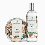 Shea body butter and mist from The Body Shop on a white background