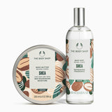 Shea body butter and mist from The Body Shop on a white background