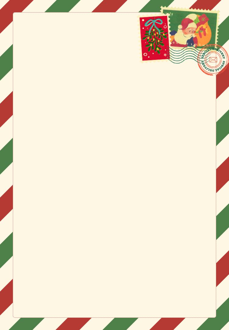 Christmas-themed letter with decorative stamps on a striped border
